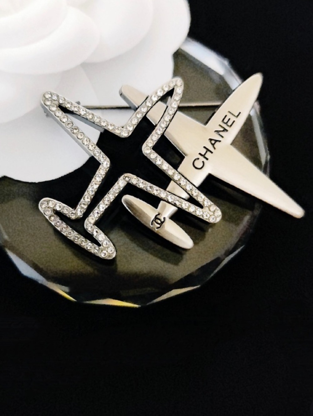 Double C Designer Mirror Airplane Silver Tone Brooch